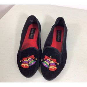 Vintage Jingle Bells Christmas Black Velvet Shoes Flats Womens 7.5